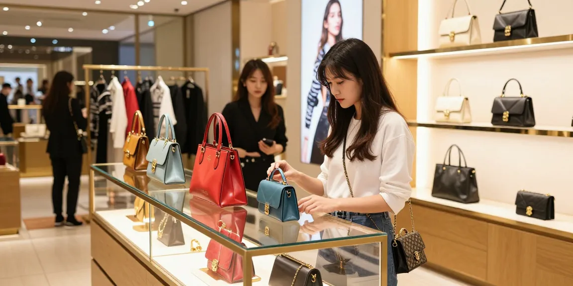 Browsing luxury 레플리카 쇼핑몰 with stylish handbags on display.