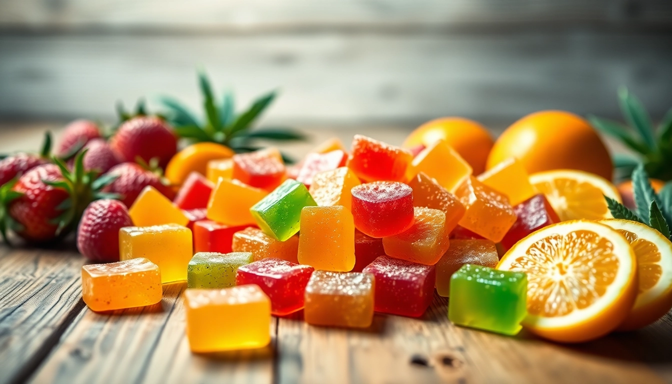 Enjoy colorful Weed Gummies displayed with fresh fruits on a rustic wooden table, inviting and vibrant.