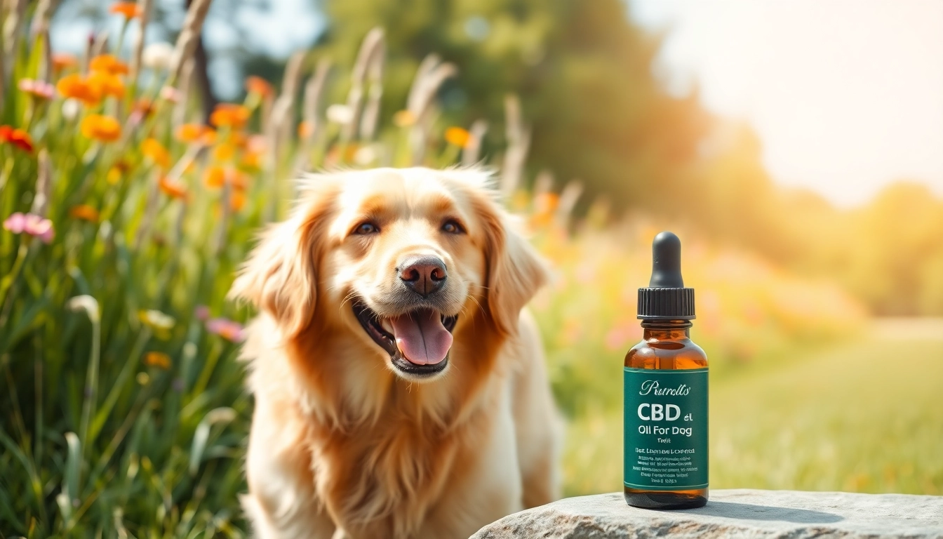 Happy dog in a park with CBD Oil For Dog bottle beside it, embodying health and vitality.