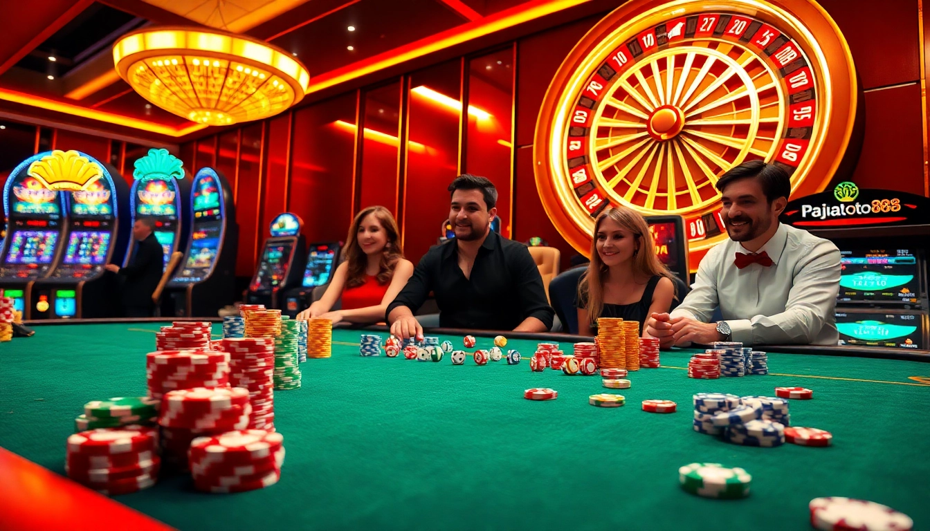 Players enjoying a thrilling moment at the rajatoto88 casino, surrounded by vibrant gambling elements.