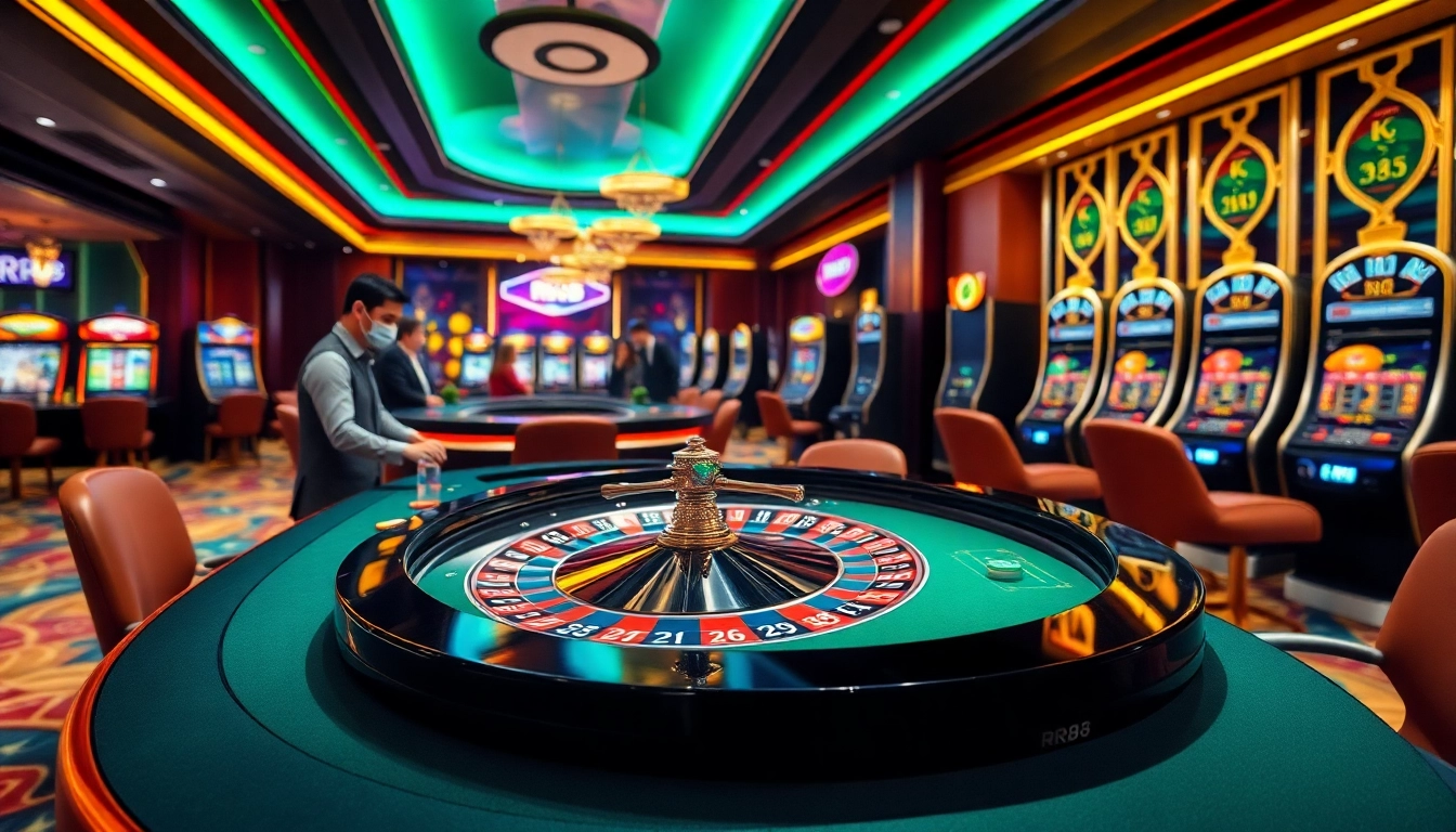 RR88 casino scene with roulette table and vibrant players enjoying betting action