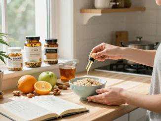 cbd edibles uk - Healthy CBD-infused breakfast scene with hemp plant, natural ingredients, and wellness products promoting a balanced lifestyle.