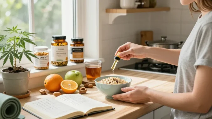 cbd edibles uk - Healthy CBD-infused breakfast scene with hemp plant, natural ingredients, and wellness products promoting a balanced lifestyle.