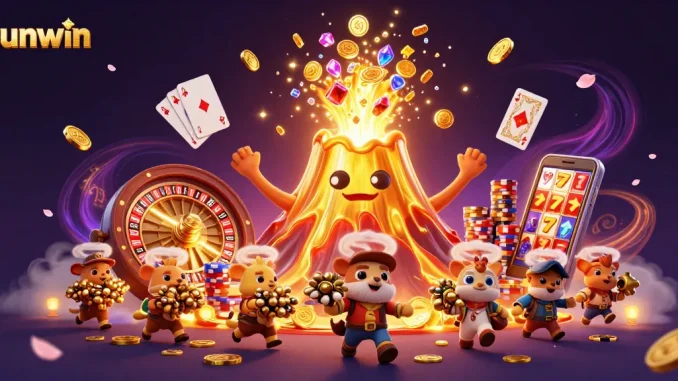 Experience the thrill of gaming at Sunwin with golden treasures erupting from a volcano in this animated scene.