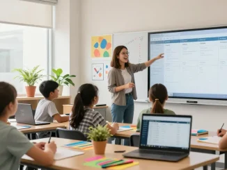 Teacher using EMStudio online teacher planner in dynamic classroom with engaged students, showcasing effective classroom management.