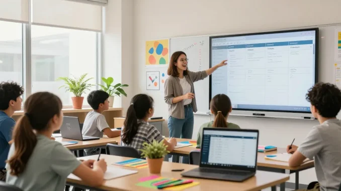Teacher using EMStudio online teacher planner in dynamic classroom with engaged students, showcasing effective classroom management.