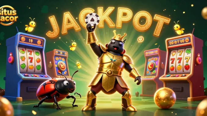 Spin the winning slots with situs gacor as the cartoon beetle lifts the jackpot poker chip in a vibrant casino
