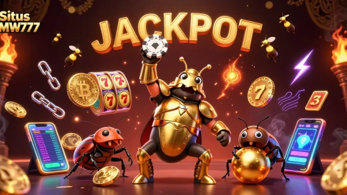 Experience the thrill of Situs BMW777 with cartoon beetles celebrating a jackpot amidst crypto elements.