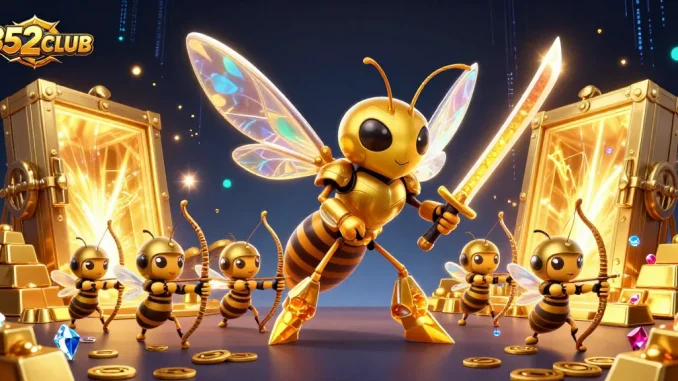 B52CLUB offers thrilling gaming excitement with a dynamic illustration of a golden hornet and bee archers.