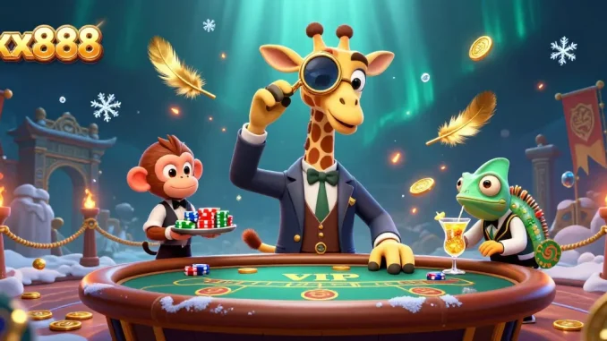 Play exciting games at xx888 with a vibrant giraffe dealer and captivating casino elements