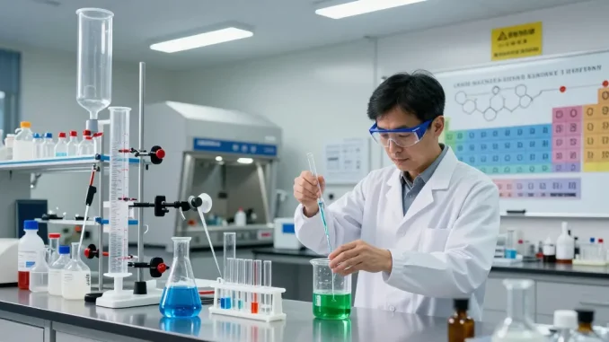 Scientist demonstrating synthesis grade chemicals in a vibrant lab setting with chemical reactions.