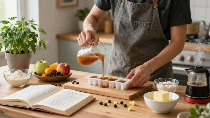 Edibles UK - Home cook creating cannabis-infused caramels, showcasing vibrant ingredients and cozy kitchen atmosphere.